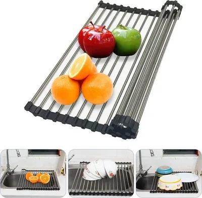 Produktbild von Unyqoos® Rollbares Abtropfgestell für Küchenspüle – faltbares Edelstahl-Abtropfgitter 43×35 cm, schwarz, rutschfest & hitzebeständig