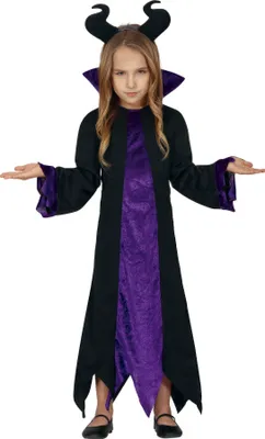 Produktbild von Märchenfee Halloween Kostüm Kinder Magisches Mittelalter Hexengewand Teufelsfee Kleid Dunkle Magie Stehkragen Hörner Zauberhaftes Fasching Rollenspiel, Größe: 128/134 Farbe: Schwarz