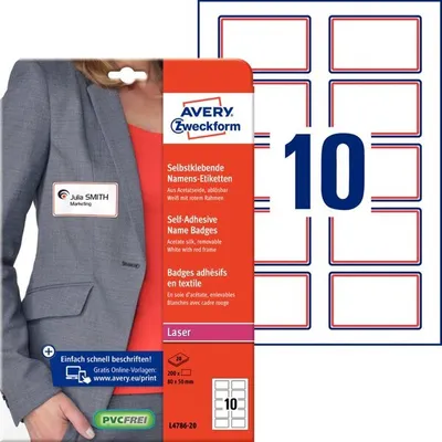 Produktbild von Avery Zweckform L4786-20 Namensetiketten, 80 x 50 mm, 20 Blatt/200 Etiketten, weiß, rot
