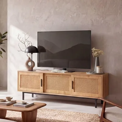 Zdjęcie produktu dla FineBuy Lowboard dąb dekor z wiedeńskim splotem 120x45,5x40 cm komoda TV ponadczasowa z przesuwanymi drzwiami szafka TV wysoka stolik TV szafka TV