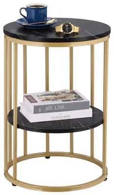 Productafbeelding van Relaxdays bijzettafel met marmerlook, 2 plateaus, geschikt voor de woonkamer, metaal & MDF, ronde salontafel, hoogte x diameter 57x40 cm, zwart/goud, AI-gegenereerde afbeelding