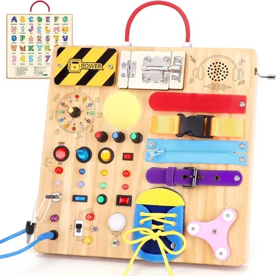 Obrázek produktu pro 1. Montessori interaktivní tabule pro batolata od 1 roku – Dřevěné hračky s 15 spínači, 26 LED diodami, hudební boxem, zipem a zámkem