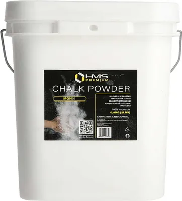 A white bucket of chalk powder with a black label.