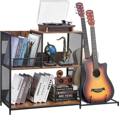Produktbild von VEVOR 3-stufiger Plattenspielerständer mit Gitarrenhalter, Schallplattenständer mit Aufbewahrung für bis zu 300 Alben, Vinyl-Schallplattenschrank mit Metallgitterrahmen für Wohnzimmer Schlafzimmer