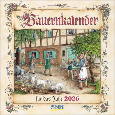 A charming illustration of a farmyard scene with people and animals, set against a traditional half-timbered house.