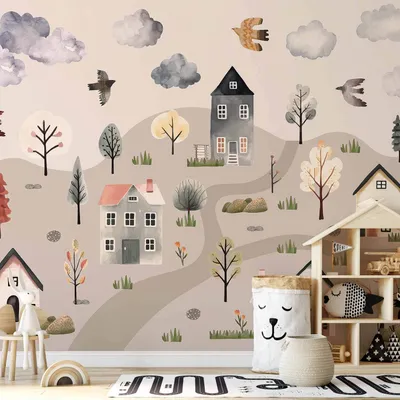 Produktbild von Selbstklebende Folie Fototapete - Scandinavian Valley - Village in Pastel Colours Painted in Watercolours 98x70 cm Für Kinder e-C-10085-a-a