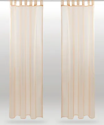 Two sheer beige curtains hanging from a rod.