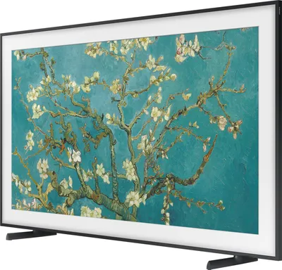 A Samsung "The Frame" TV displaying a painting of a flowering tree.