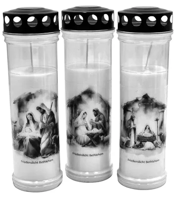 Produktbild von 3er Set Grabkerzen „Black & White“ – Bethlehem & Friedenslicht