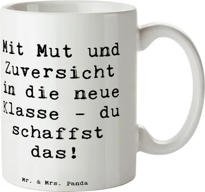 Produktbild von Mr. & Mrs. Panda Kaffeetasse Spruch Erster Schultag Mut und Zuversicht - Weiß - Geschenk, Glücksbringer, Trost, neue Klasse, Neuanfang, Tiermotive, Tasse, Teetasse