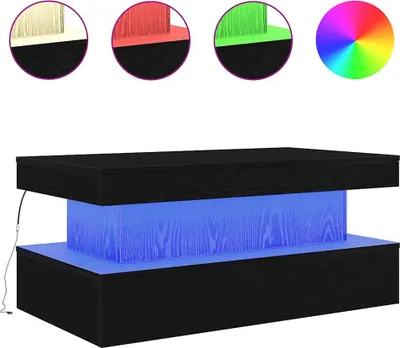 A black coffee table with blue LED lighting, shown with examples of other lighting colors and a color wheel.