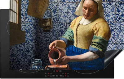 Produktbild von KitchenYeah© Herdabdeckplatte Milchmädchen - Delfter Blau - Vermeer - Gemälde - Alte Meister , 85x52cm, Küche Deko, Glaskeramikkochfeld Herdabdeckung, Abdeckplatte fùr Kochfeld