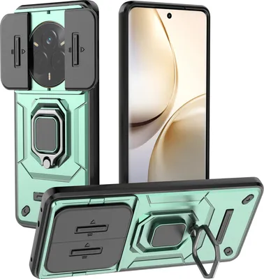 Obrázek produktu pro Pouzdro pro Realme 14 Pro 5G dvouvrstvé pouzdro s posuvnou ochranou kamery a držákem prstenu, stojánek zelené