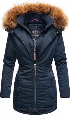 Produktbild von Marikoo Sanakoo Damen Winter Parka Mantel mit Kapuze Winterjacke Kunstfellkragen Wintermantel Navy Gr. 36 - S