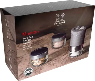 The image shows the packaging for a Peugeot Maestro salt bar gift set, featuring the product and its branding.