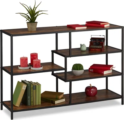 Image de Étagère Relaxdays de style industriel, 5 tablettes, aspect bois, buffet vintage, H x l x P : 79 x 115 x 33 cm, noir/marron foncé
