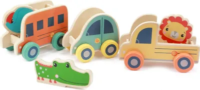 Produktbild von Fisher-Price - Holz-Fahrzeuge 3 Stück + Tiere Holzspielzeug Kleinkinder