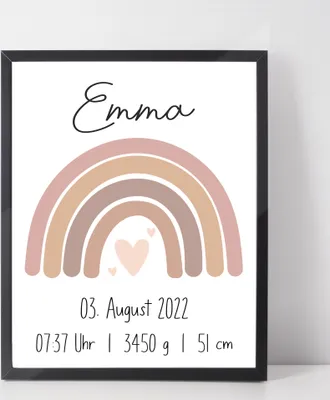 Produktbild von Rosa Regenbogen Geburtsposter Personalisiert Name Uhrzeit Größe Gewicht | Kinderzimmer Babygeschenk | Geburt Baby Poster – A3 (29.7x42cm) / schwarzer Bilderahmen
