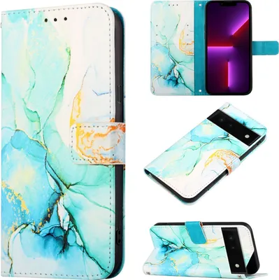 Produktbild von Google Pixel 6 Hülle, Marmor Motiv Kunstleder Tasche Wallet Kartenfächer mit Standfunktion Klapp Schutzhülle für Google Pixel 6 Grün