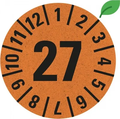 Produktbild von Dreifke® Prüfplakette 27, orange, Graspapier, selbstklebend, Ø 30mm, 500/Rolle