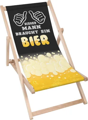 Produktbild von Dreamroots Liegestuhl klappbar Holz,bis zu 130kg,Sonnenliege klappbar mit 3-stufiger Neigungsregulierung der Rückenlehne, Dieser Mann Braucht Ein Bier