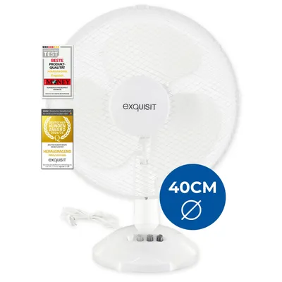 A white desk fan with several certification badges on the left and a size indicator on the bottom right.