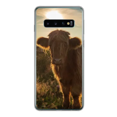 Produktbild von MuchoWow® Handyhülle Schutzhülle Hülle für Samsung Galaxy S10 Schottischer Highlander - Sonnenuntergang - Gras Silikon Softcase Handy Hülle - Handytasche