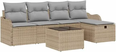 Produktbild von 6-teiliges Gartensofa-Set aus beigem Poly-Rattan mit Kissen, modulares Gartenmöbel-Set mit Stauraum und verstellbaren Elementen für die Terrasse