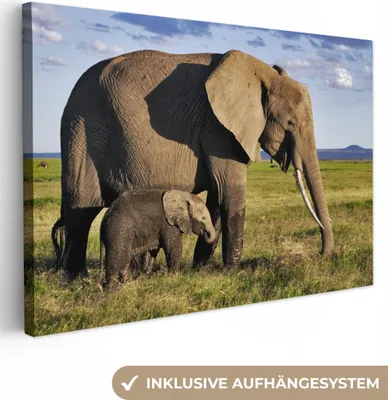 Produktbild von OneMillionCanvasses® - Leinwandbilder - 140x90 cm, Elefant - Tiere - Grasland - Grün - Grau, Wandbilder Kunstdruck Wanddekoration