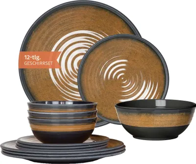 Immagine prodotto di Moritz stoviglie da campeggio in melamina per 4 persone 12 pezzi | lavabili in lavastoviglie | set di stoviglie da picnic | stoviglie da campeggio I Stone Curry design