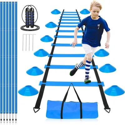 Produktbild von Fußball-Trainingsset mit 6 m Koordinationsleiter, 10 Markierungskegeln und 6 Slalomstangen – Agility-Set – Fußballtraining