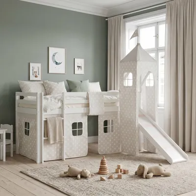 Produktbild von Homestyle4u Hochbett 90x200 Kinder Weiß ohne Lattenrost mit Rutsche Spielbett Turm Sternen Vorhang