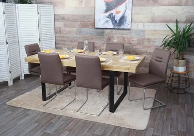 Produktbild von 6er-Set Esszimmerstuhl MCW-H70, Küchenstuhl Freischwinger Stuhl, Stoff/Textil Edelstahl gebürstet  braun