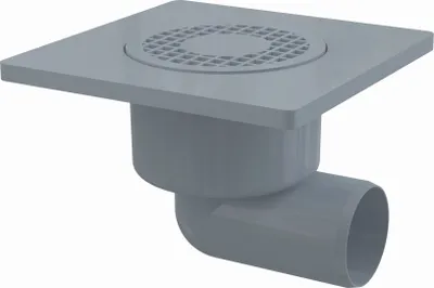 Produktbild von AlcaDrain Bodenablauf 150×150/50 mm mit einem waagrechten Abgang, Rost Grau, Geruchsverschluss mit Sperrwasser