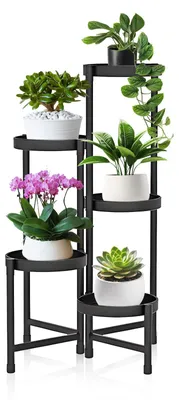 Produktbild von 5-stufiger Pflanzenständer, Pflanzenregal für drinnen und draußen, Pflanzenständer Ø 25 cm, Pflanzenständer für drinnen und draußen mit runder Schale, mehrstufiger Pflanzentisch für Garten, Balkon und Wohnzimmer