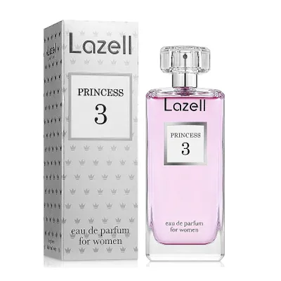 A bottle of Lazell Princess 3 Eau de Parfum for women and its packaging are displayed against a white background.