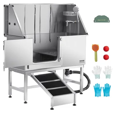 Obrázek produktu pro Nerezová mycí stanice pro psy VEVOR, vana na mytí psů 1270x580x1495 mm s rampou, PE filtrační deskou, kohoutkem, sprchovou hlavicí a držákem mýdla, pro velká, střední a malá zvířata (levé dveře)