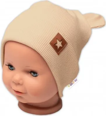 Productafbeelding van Baby Nellys gestreepte, dubbellaagse muts met oortjes, model TEDDY - beige, maat 80/86