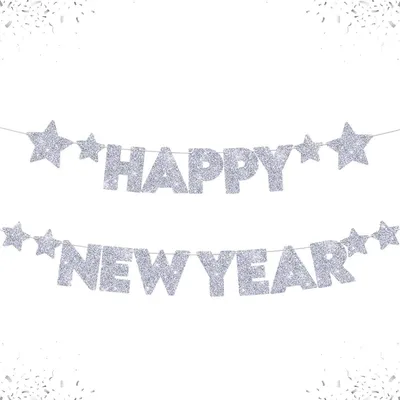 Immagine prodotto di Ghirlande "Buon Anno" argentate con glitter, anno 2026, decorazioni per Capodanno, banner