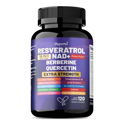 Image de Resvératrol NAD + berbérine, quercétine (120 gélules) Complément alimentaire, anti-âge, peau, cerveau, nerfs, métabolisme, santé de la peau, énergie