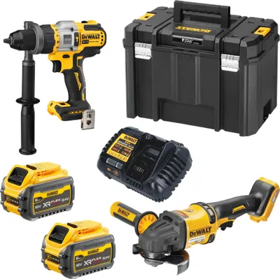 Zdjęcie produktu dla Akumulatorowy zestaw combi DeWalt DCK 2016 T2T 18 V / 54 V FlexVOLT DCD 999 wiertarka udarowa + DCG 418 szlifierka kątowa + 2x akumulator 6,0 Ah + ładowarka + TSTAK