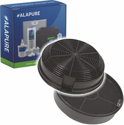 A product shot of a box and two charcoal filters for a cooker hood.