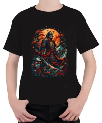 Zdjęcie produktu dla Samuraj, szkielet, katana, Japonia, wojownik, krwawa księżyca, Y2K, ronin, bushido, koszulka dziecięca, czarna, rozmiar 116
