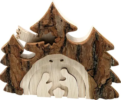 Obrázok produktu pre 3D betlehem: Ručne vyrobená drevená dekorácia s akcentom kôry, 3D vzhľad, 18x14cm