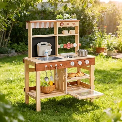 Imagen del producto de Cocina de madera para niños, cocina de juego para exteriores, apta para mayores de 3 años