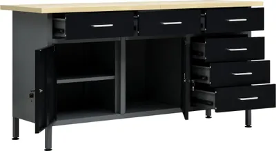A workbench with drawers and cabinets.