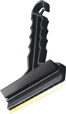 A black ice scraper with a yellow blade is shown against a white background.