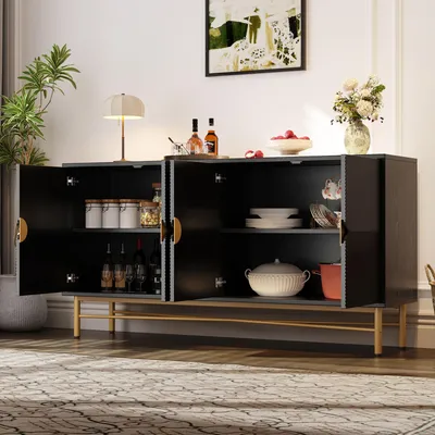 Productafbeelding van STILVORA dressoir, 160 cm breed, met vier deuren en tafelpoten, zwart. Veelzijdig kastmeubel, bijzettafel, hoge kast voor slaapkamer en alle woonruimtes