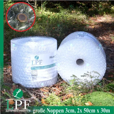 Produktbild von 2x  Luftpolsterfolie Große Noppen Breite 50 cm x Länge 25 m / 100 my Noppenfolie Verpackungsfolie Blasenfolie