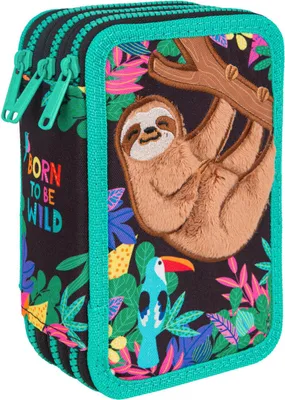 A close-up view of a pencil case with a sloth and tropical plants design.